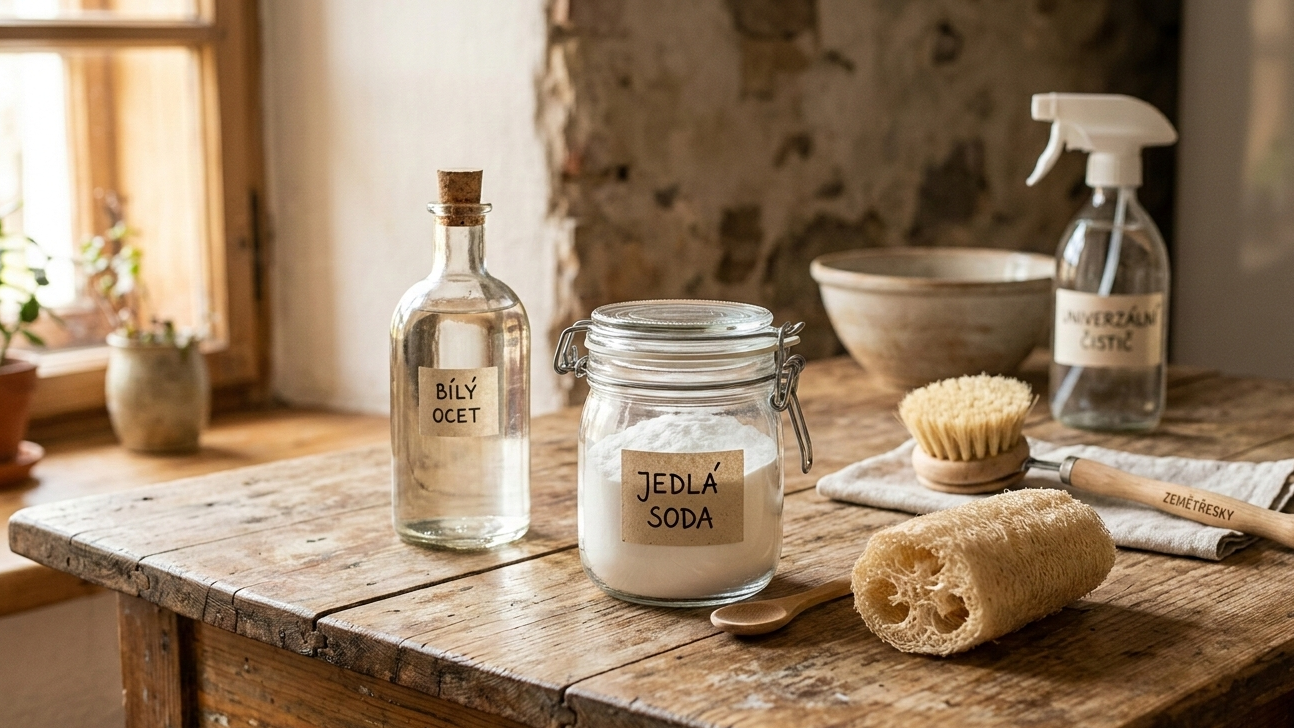 přírodní čisticí prostředky na úklid z Bezobaláče – jedlá soda, bílý ocet, lufa a bambusový kartáček